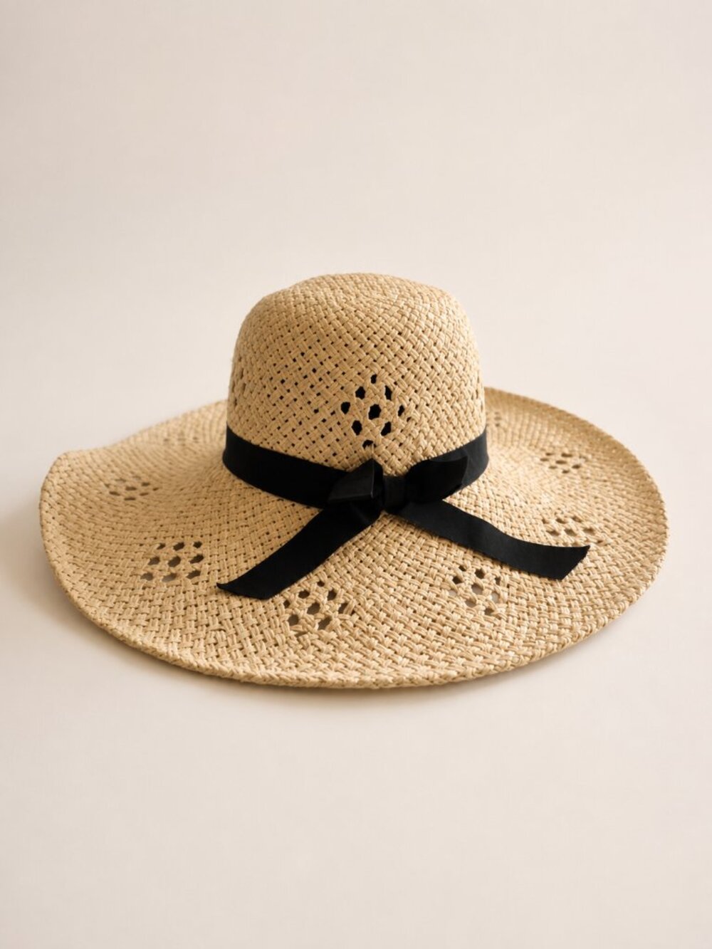 Wide Brim Woven Straw Sun Hat with Black Ribbon Bow | Beach Vacation Boho